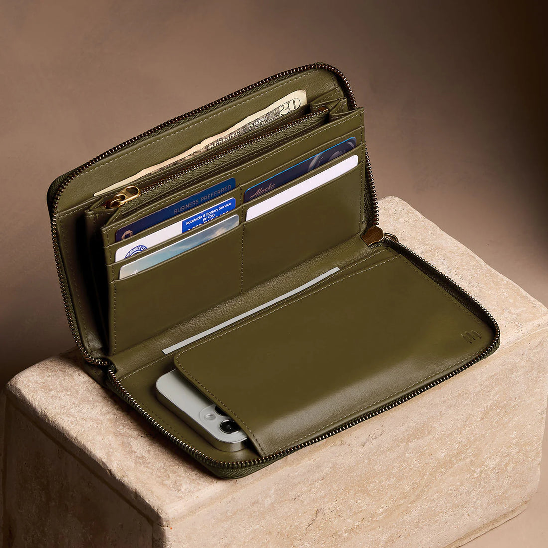 Smooth Leather Full-Zip Long Wallet with Detachable Wrist Strap