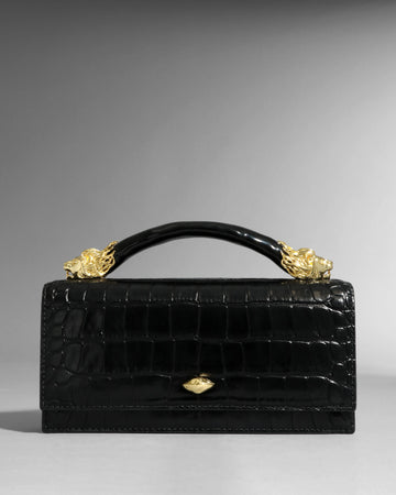 Gloss Croc Textured Evening Clutch with Sculpted Lion Hardware
