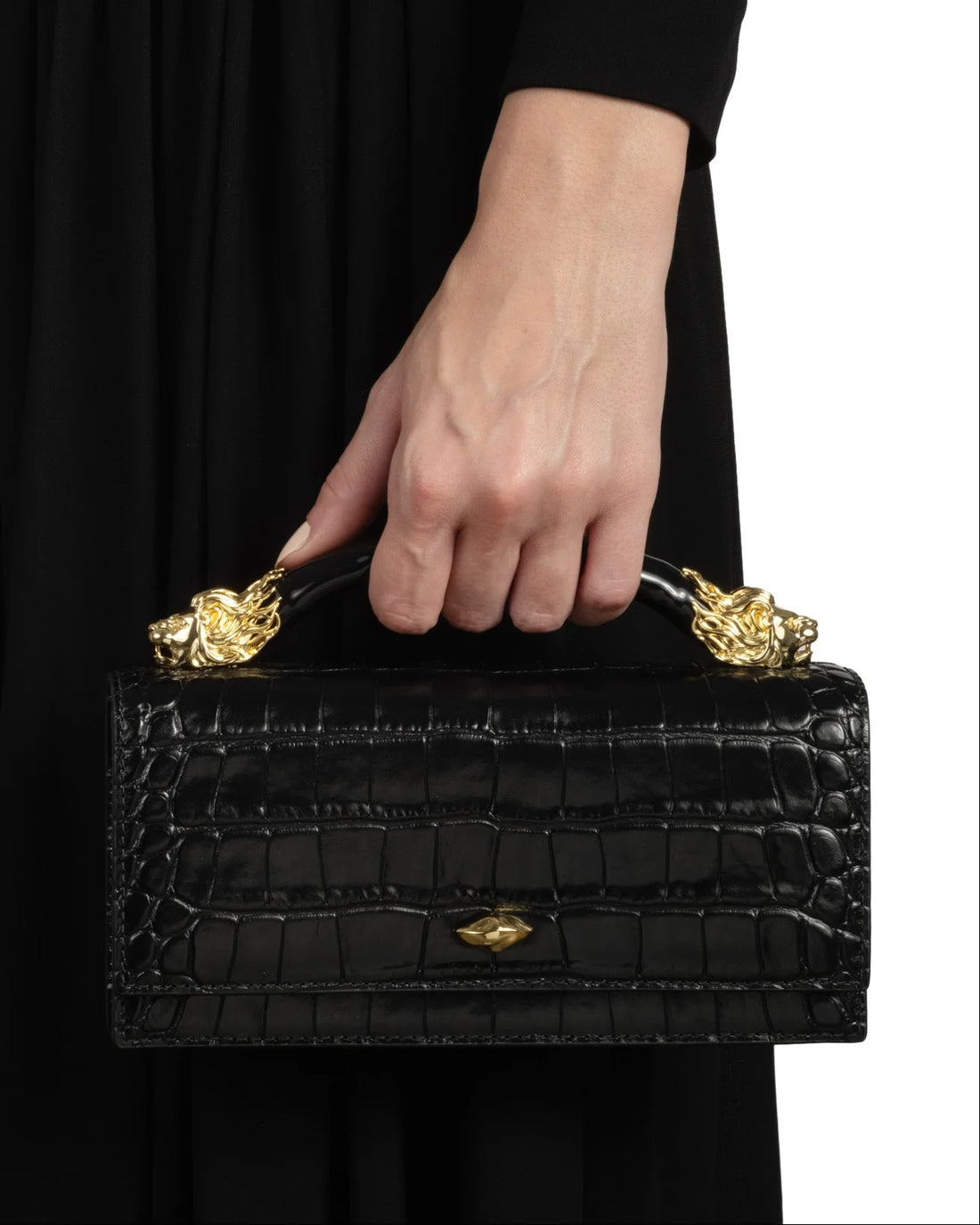 Gloss Croc Textured Evening Clutch with Sculpted Lion Hardware