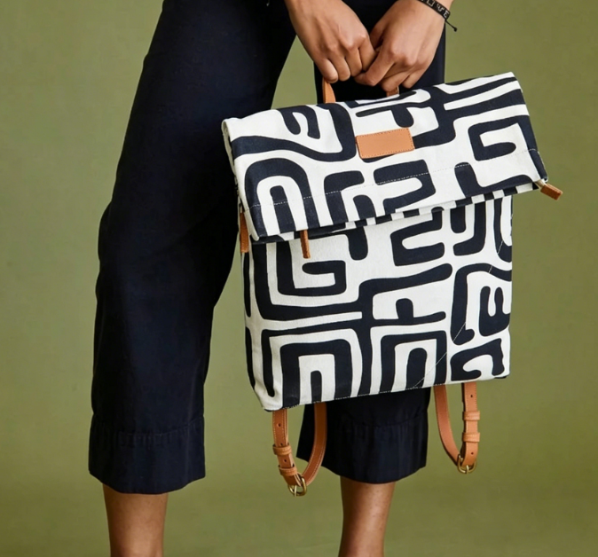 Abstract Geometric Print Fold Top Canvas Backpack