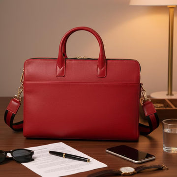 Sleek Red Leather Zip-Top Laptop Briefcase