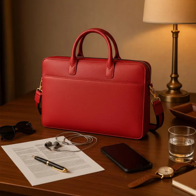 Sleek Red Leather Zip-Top Laptop Briefcase